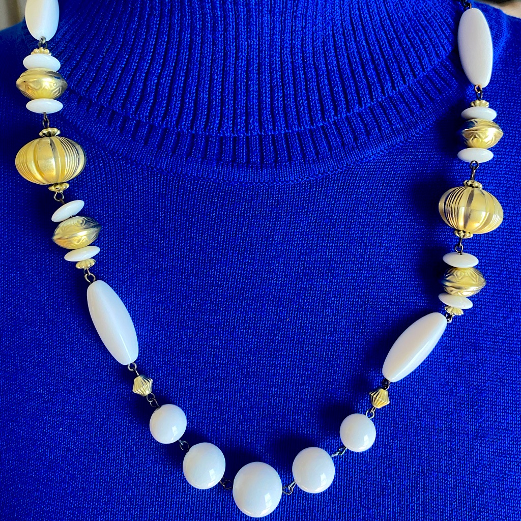 Vintage Gold And White Beaded Necklace